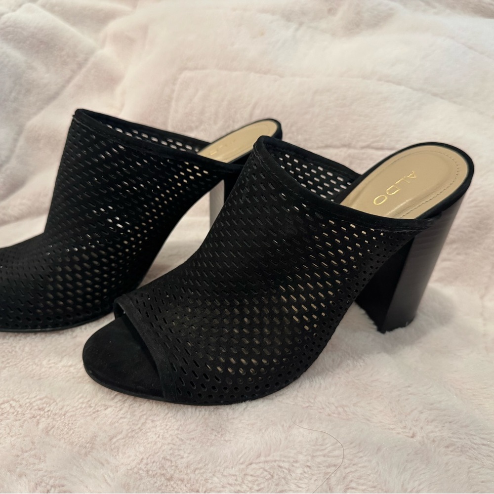 Aldo Black Perforated Mules with Block Heel
